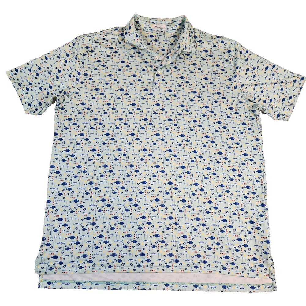 Peter Millar Short Sleeve Blue & Green Fish Print Golf/Tennis Polo XXL